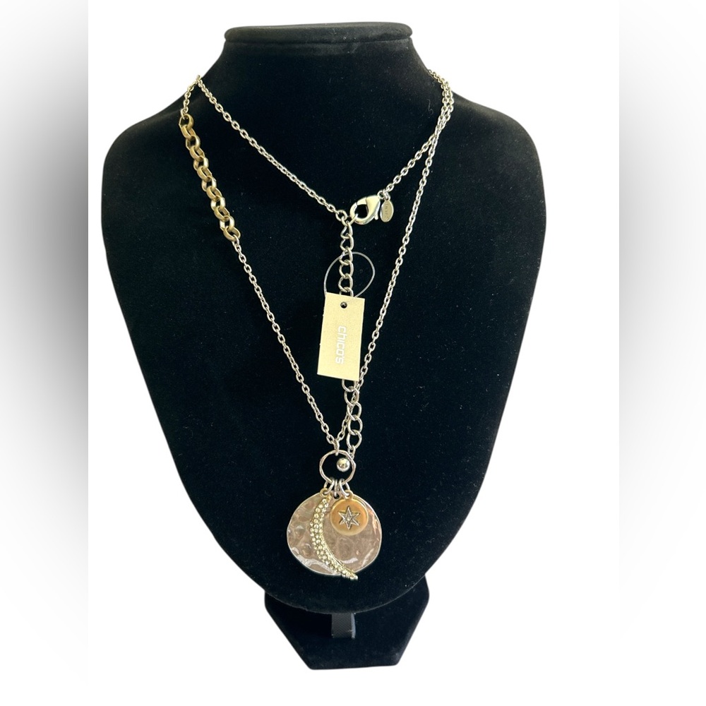 Chico's Tamera Mixed Metal Rhinestone Star And Moon  Pendant Necklace 18”- 24”